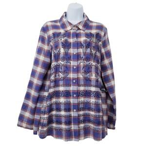 Multiple Missy Red Fern Linen Blend Embroidery Button Front Shirt Collared